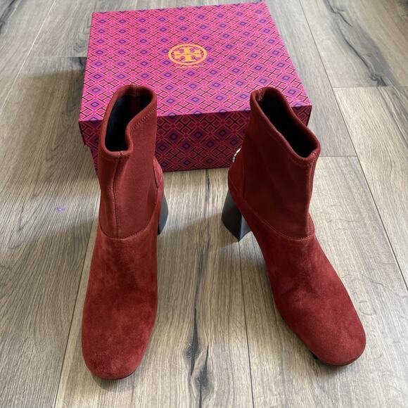 Tory Burch SIDNEY 70mm Kid Suede Stretch Suede Bootie Redwood Size 7.5 Ret $425 - Picture 1 of 10